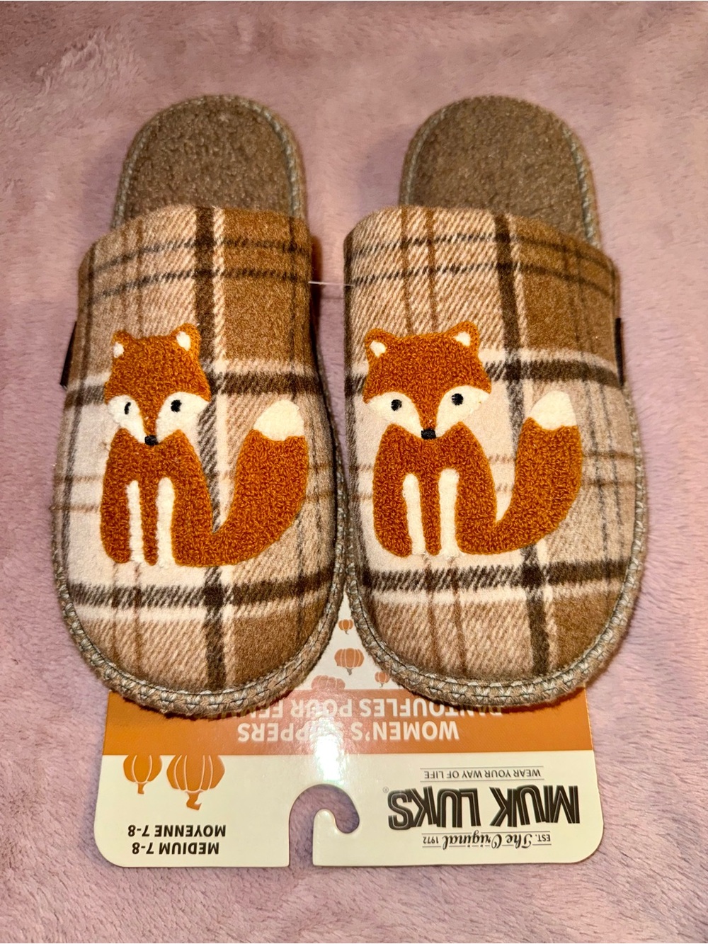 🦊 New Muk Luks Plaid Fox Slippers size 7-8